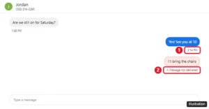 Google Voice conversation showing a sent text with a timestamp and a failed text with a red Message not delivered error