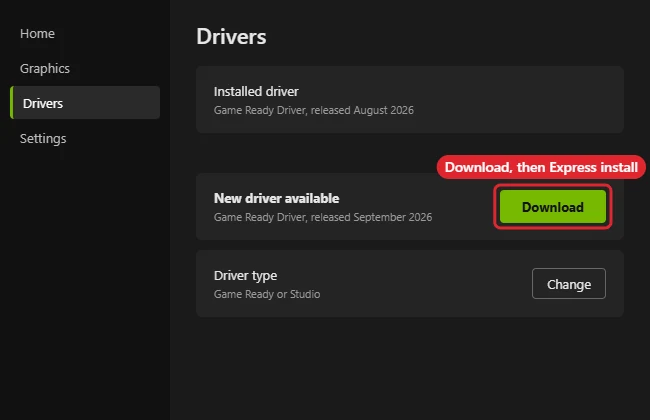 Graphics card app Drivers page with the Download button highlighted