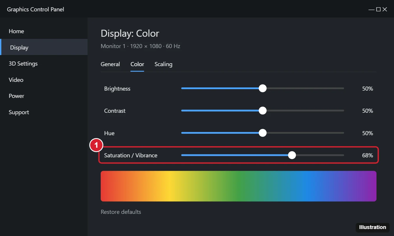 How to Change Saturation on Windows 10 (Intel, NVIDIA, AMD) 1 Graphics driver control panel color settings with the Saturation (digital vibrance) slider increased