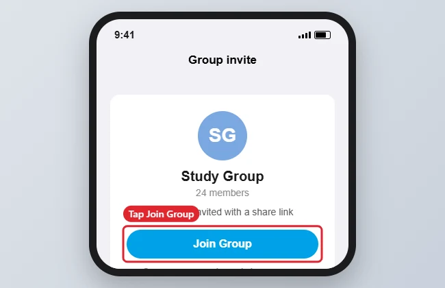 How to Join GroupMe on iPhone or iPad 1 Group chat invite screen opened from a share link with a Join Group button