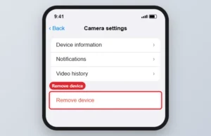 Smart home app camera settings with Remove device highlighted