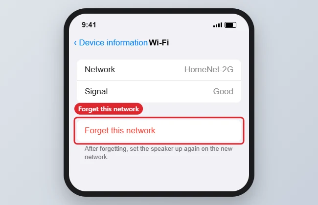 How to Connect a Google Nest Mini to Wi-Fi (or Change Networks) 1 Smart home app speaker Wi-Fi settings with Forget this network highlighted