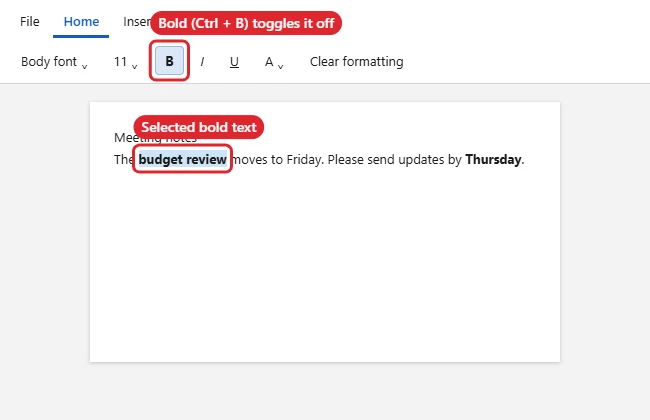 How to Remove Bold Formatting in Word 2013 1 Home ribbon with the Bold button highlighted and bold text selected in the document