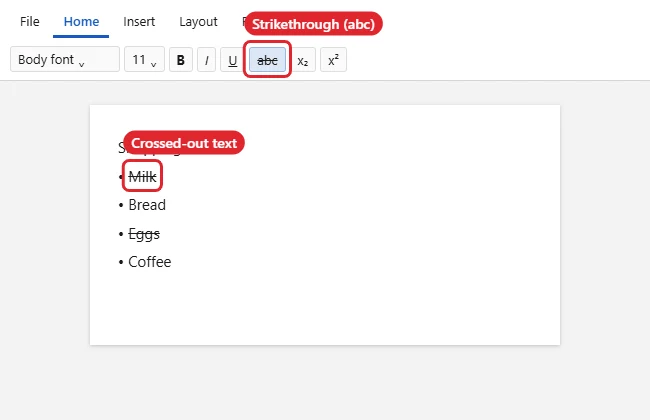 Home ribbon Font group with the Strikethrough button highlighted and crossed-out text in the document