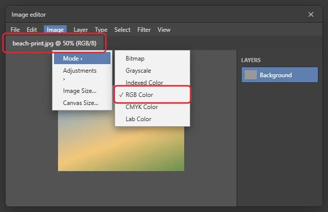 How to Check if an Image Is RGB or CMYK in Photoshop 1 Image editor with the document tab showing RGB/8 and the Image Mode menu open with RGB Color checked