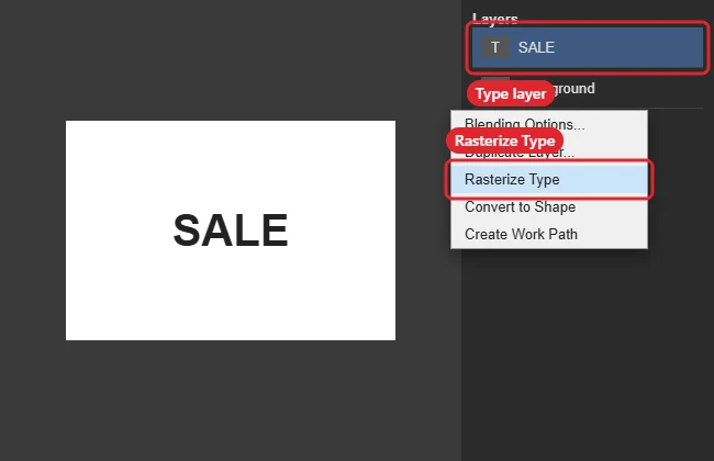Image editor Layers panel right-click menu on a type layer with Rasterize Type