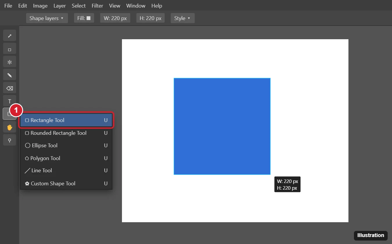 Dark image editor with the shape tool flyout open and Rectangle Tool highlighted, and a blue square being drawn on the canvas with its dimensions shown