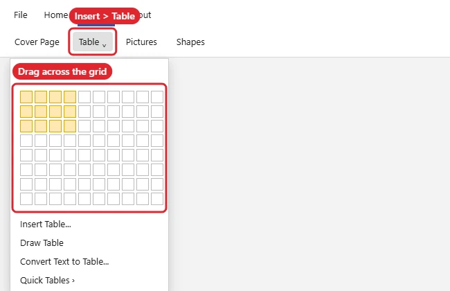How to Create a Table in Word (Microsoft 365) 1 Insert tab Table menu with a 4 by 3 grid highlighted and Insert Table option