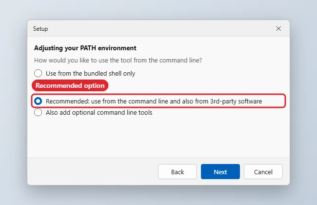 Setup wizard PATH environment step with the recommended command line option highlighted