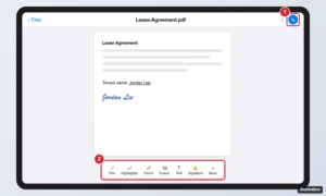 iPad Files app with a PDF open, the Markup button highlighted, and the Markup toolbar with pen, text, and signature tools