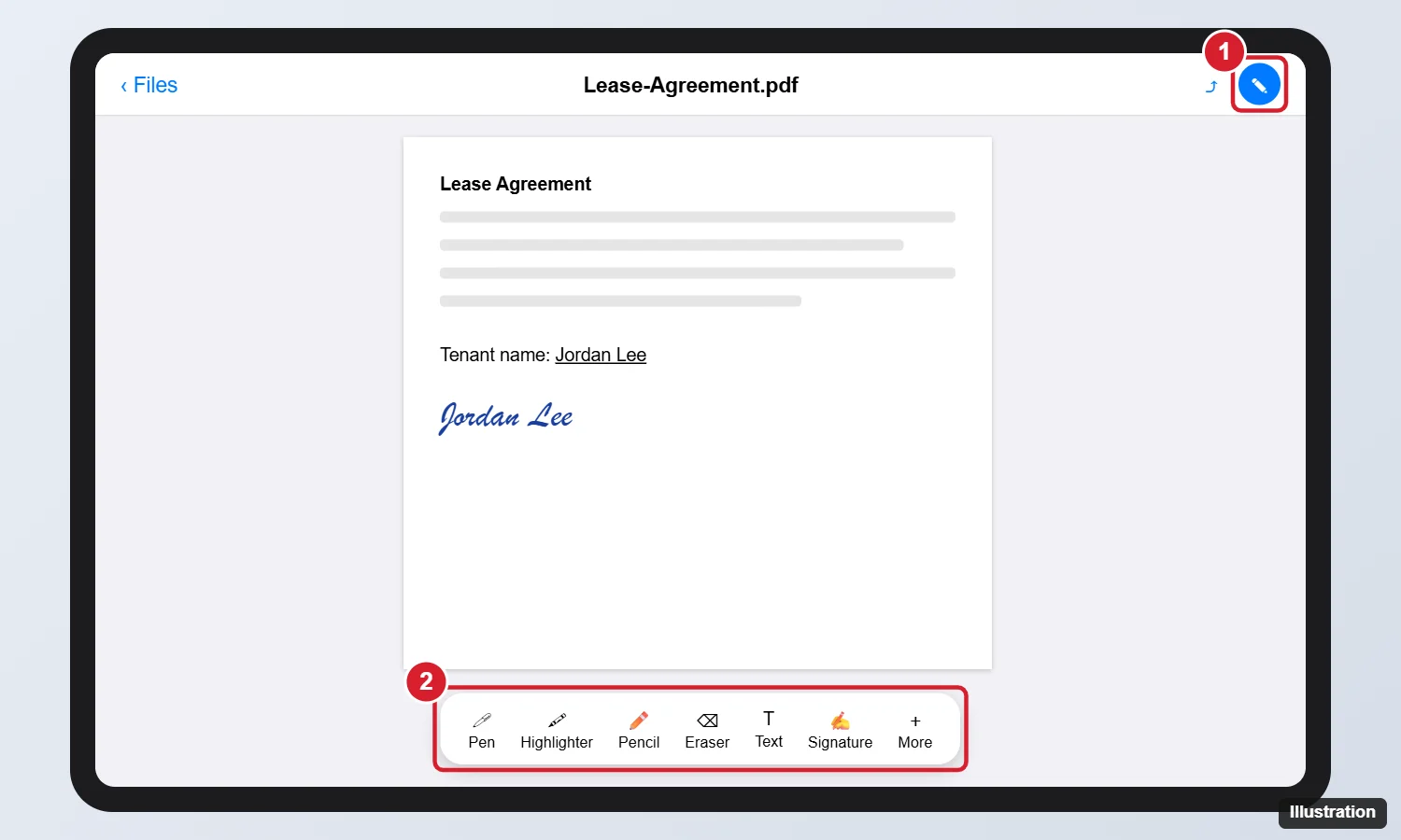 How to Edit a PDF on an iPad 1 iPad Files app with a PDF open, the Markup button highlighted, and the Markup toolbar with pen, text, and signature tools