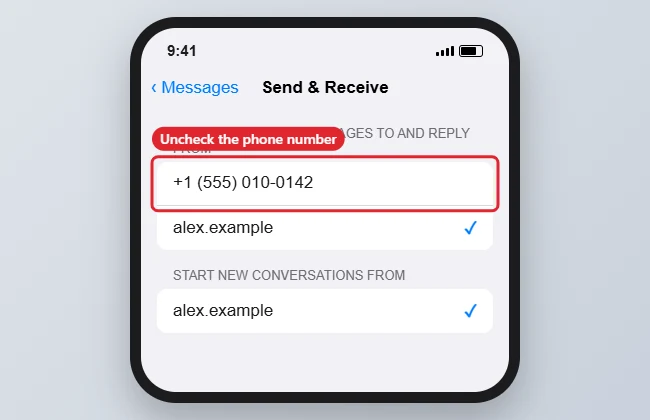 How to Stop iPhone Texts Showing on Your iPad 1 iPad Messages Send & Receive screen with the phone number unchecked