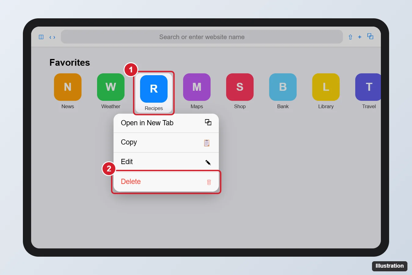 How to Delete a Favorite on an iPad (Safari Favorites) 1 iPad browser start page Favorites with a favorite long-pressed and Delete highlighted in the menu