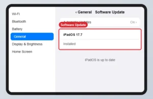 iPad Settings General Software Update screen showing the installed iPadOS version and that it is up to date