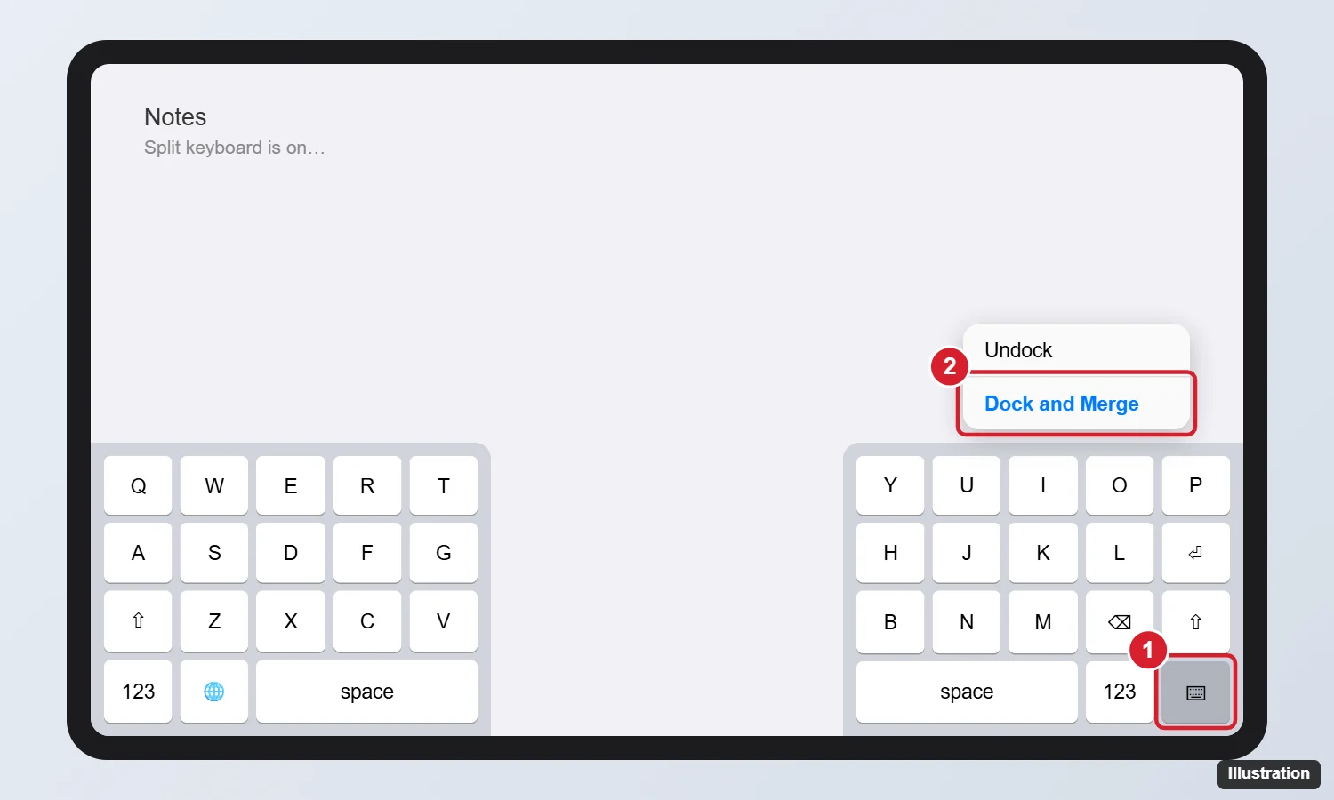 How to Switch Back to the Regular Keyboard From a Split Keyboard on iPad 1 iPad split keyboard with the keyboard key held down and the Dock and Merge option highlighted