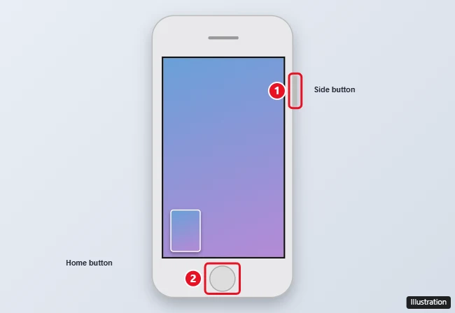 Illustration of an iPhone 7 showing the Side button and Home button to press together to take a screenshot