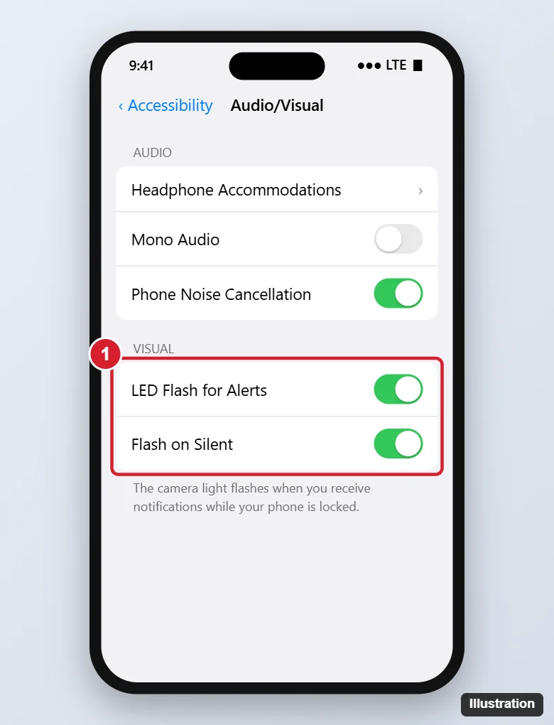 Phone Accessibility Audio/Visual settings with LED Flash for Alerts turned on and Flash on Silent below it
