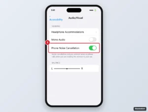 iPhone Accessibility Audio/Visual settings with the Phone Noise Cancellation switch highlighted