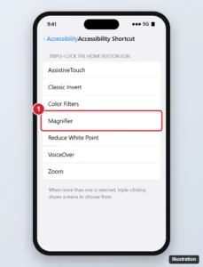 iPhone Accessibility Shortcut screen with Magnifier unchecked and highlighted