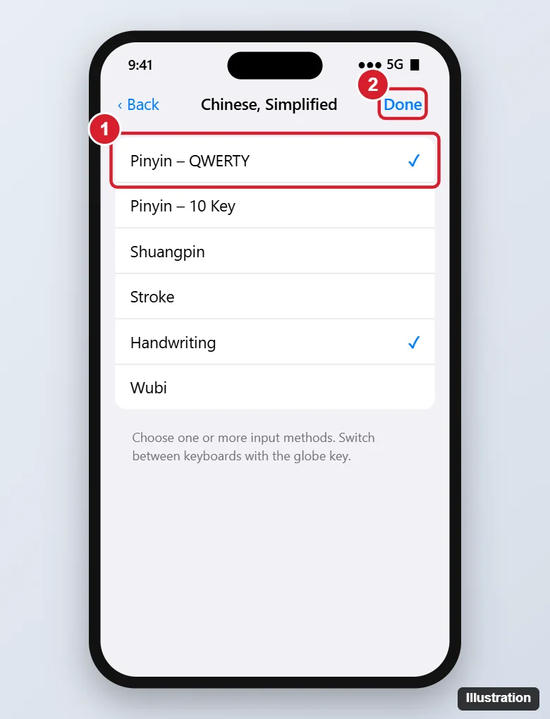 How to Add the Chinese Keyboard on iPhone (Pinyin and Handwriting) 1 iPhone keyboard settings screen for Chinese Simplified with Pinyin QWERTY and Handwriting checked and the Done button highlighted
