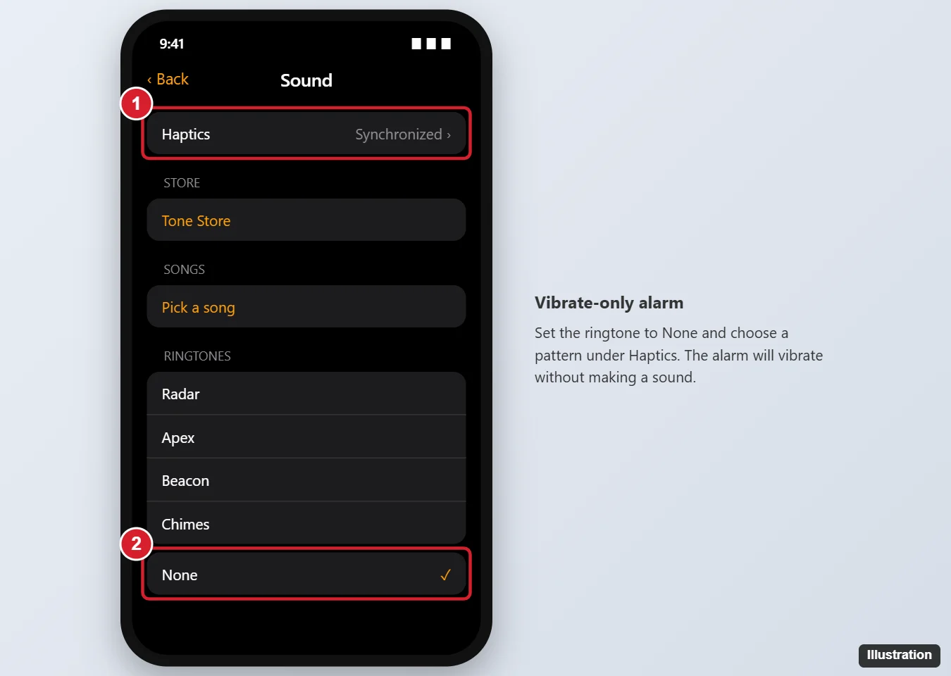 iPhone alarm Sound screen with the Haptics option and the None ringtone highlighted for a vibrate-only alarm