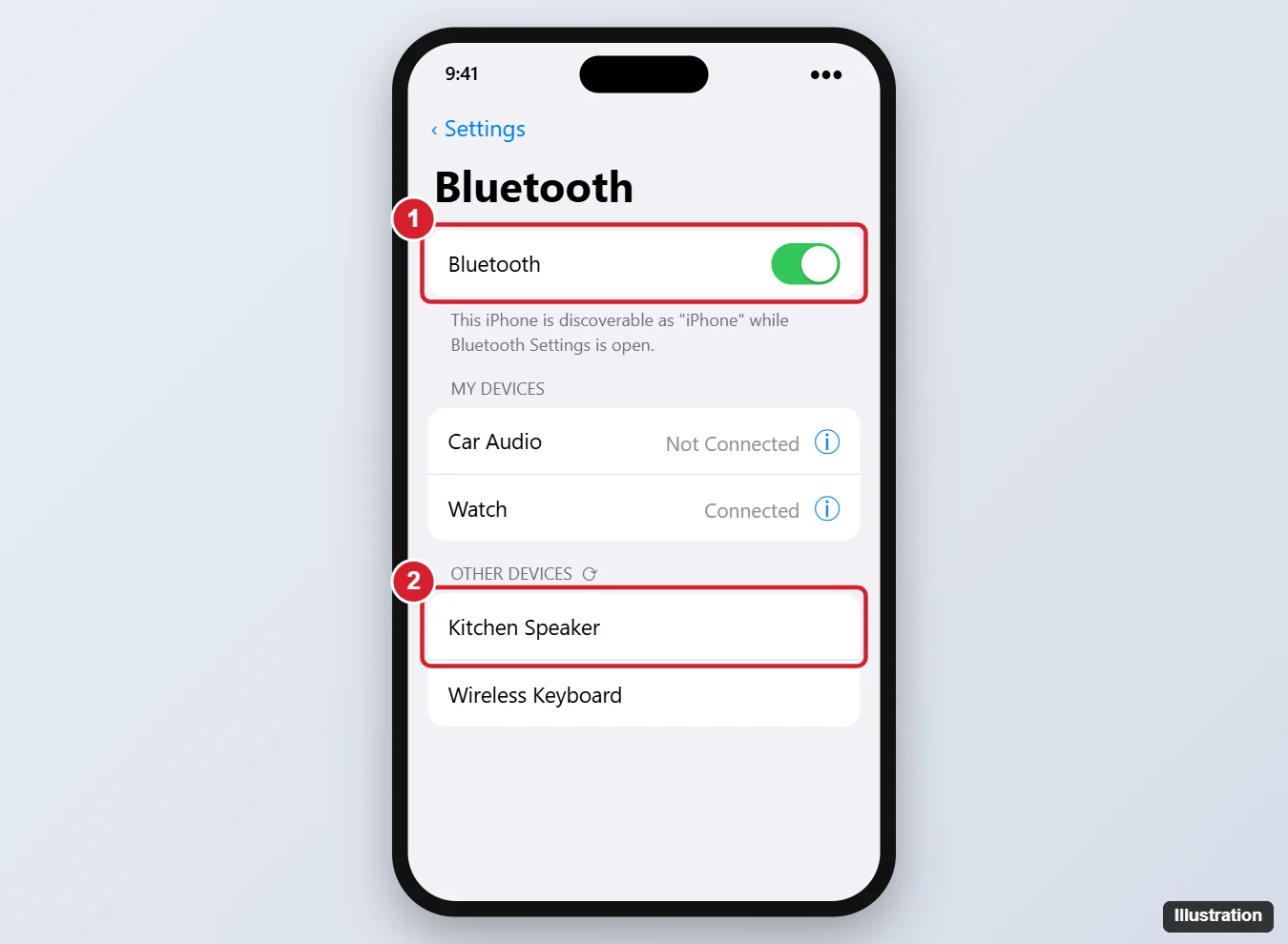 How to "Unforget" a Bluetooth Device on iPhone 1 iPhone Bluetooth settings with Bluetooth turned on and a speaker listed under Other Devices highlighted