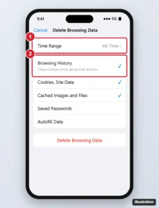 iPhone browser Delete Browsing Data screen with the time range and Browsing History option highlighted and the Delete button