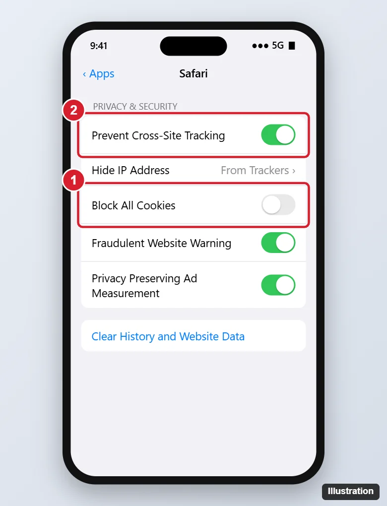 How to Enable Cookies in Safari on iPhone (11 and Other Models) 1 iPhone browser settings Privacy and Security section with the Block All Cookies switch turned off and highlighted