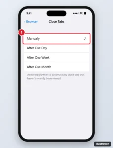 Phone browser settings Close Tabs screen with the Manually option checked