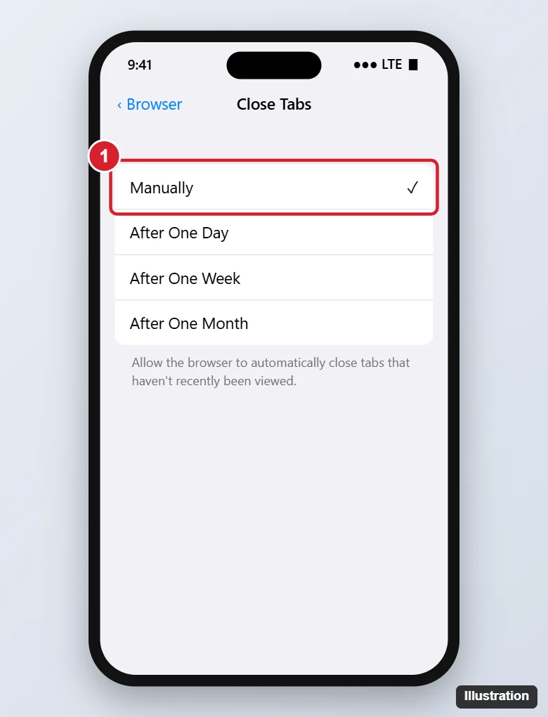 Phone browser settings Close Tabs screen with the Manually option checked