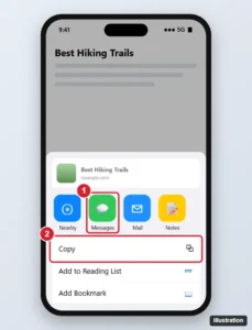iPhone share sheet opened from a web page with the Messages app icon highlighted and Copy option below