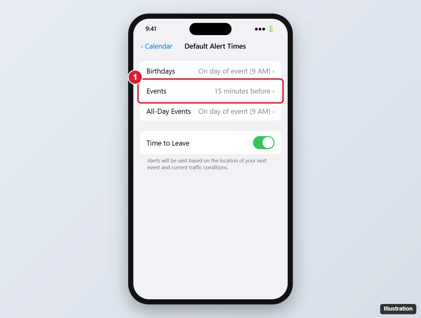 iPhone Calendar Alerts Not Working? 7 Ways to Fix It 1 iPhone Calendar Default Alert Times settings with Events set to 15 minutes before highlighted