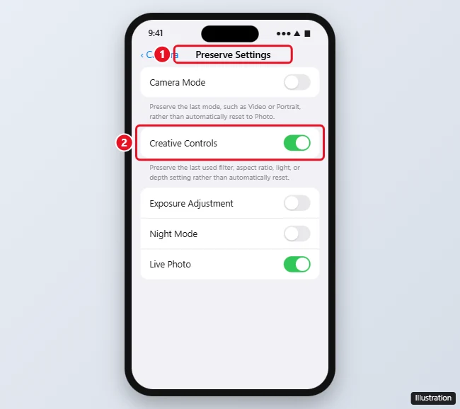 How to Keep Your Photo Filter Settings in the iPhone Camera App 1 iPhone Settings Camera Preserve Settings page with the Creative Controls switch highlighted