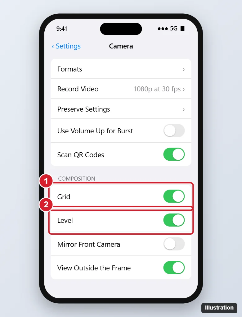 How to Turn On the Camera Grid on iPhone (and Use It Well) 1 iPhone Camera settings screen with the Grid and Level switches in the Composition section highlighted