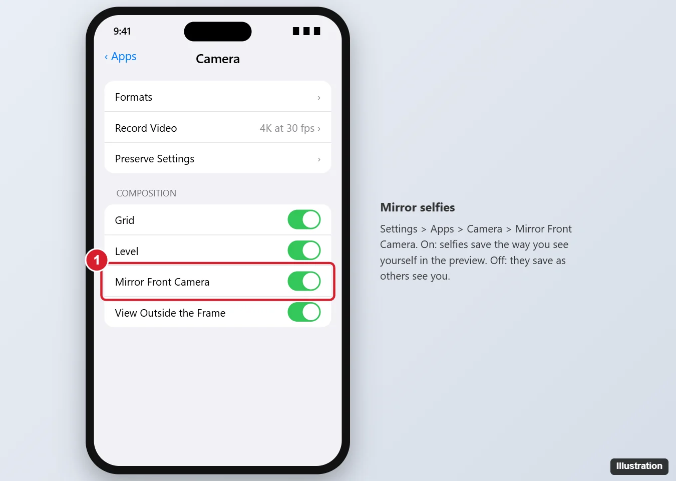 How to Turn the iPhone Camera Mirror Effect On or Off 1 iPhone Camera settings with the Mirror Front Camera switch highlighted