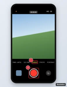 iPhone camera app with the Video mode and red record button highlighted