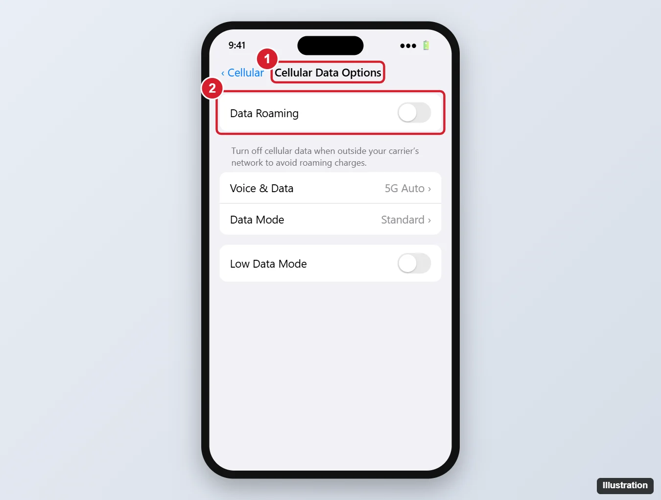 How to Turn Data Roaming On or Off on an iPhone 13 1 iPhone Cellular Data Options screen with the Data Roaming switch highlighted