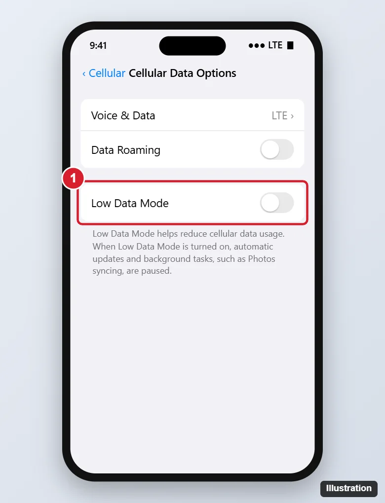 How to Turn Off Low Data Mode on iPhone 11 (Cellular and Wi-Fi) 1 iPhone Cellular Data Options screen with the Low Data Mode switch turned off