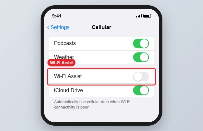 How to Turn Off Wi-Fi Assist on iPhone SE 1 iPhone Cellular settings with the Wi-Fi Assist switch near the bottom