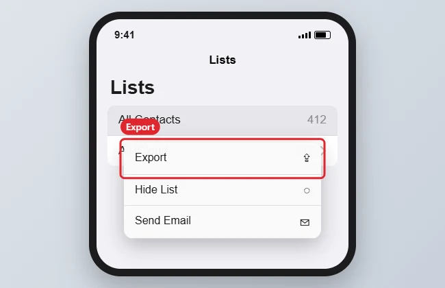 iPhone Contacts Lists screen with All Contacts long-pressed and the Export option in the menu