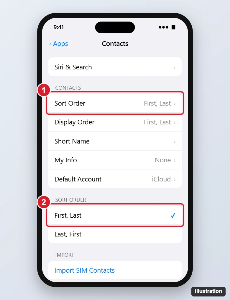 How to Sort Contacts by First Name on iPhone 13 (and Other iPhones) 1 iPhone Contacts settings Sort Order screen with First, Last selected