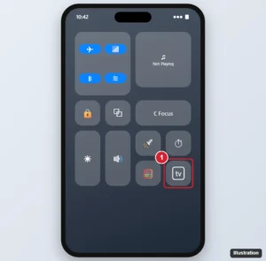 iPhone Control Center with the Apple TV Remote button highlighted