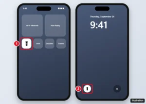 iPhone Control Center with the Flashlight button turned on and highlighted, and the flashlight button on the Lock Screen