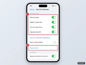 iPhone Face ID and Passcode settings with the Use Face ID For switches and Reset Face ID highlighted
