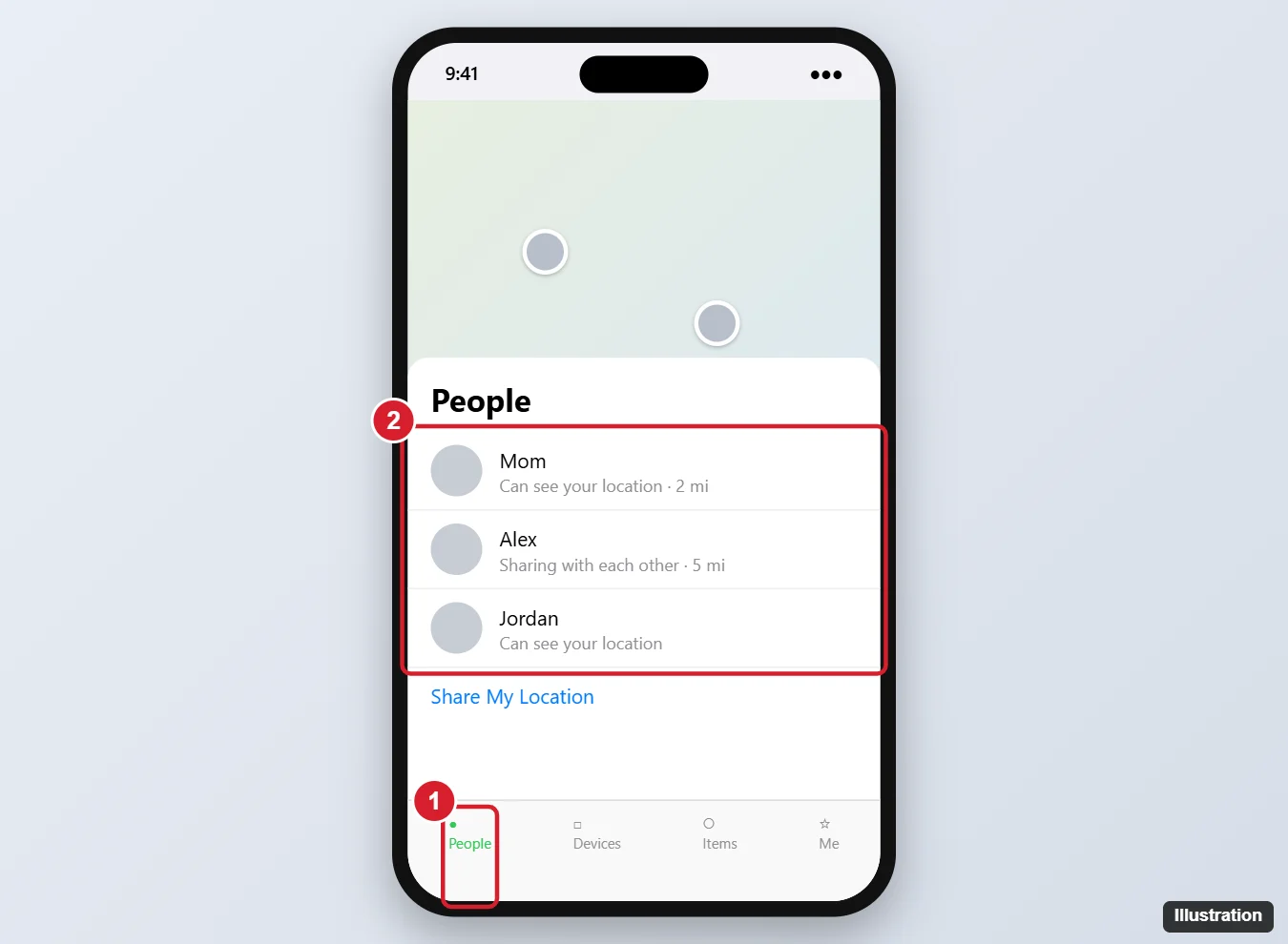 Find My app on iPhone with the People tab selected showing the list of people who can see your location