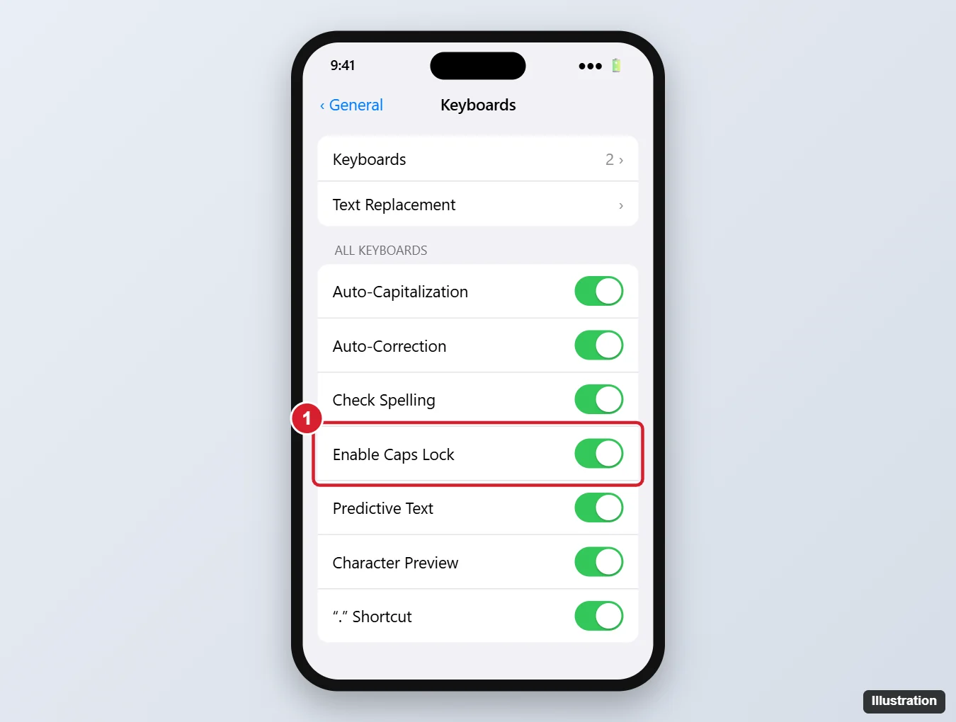 How to Use Caps Lock on an iPhone SE Keyboard (and Fix It When It Won’t Work) 1 iPhone Keyboards settings with the Enable Caps Lock switch highlighted