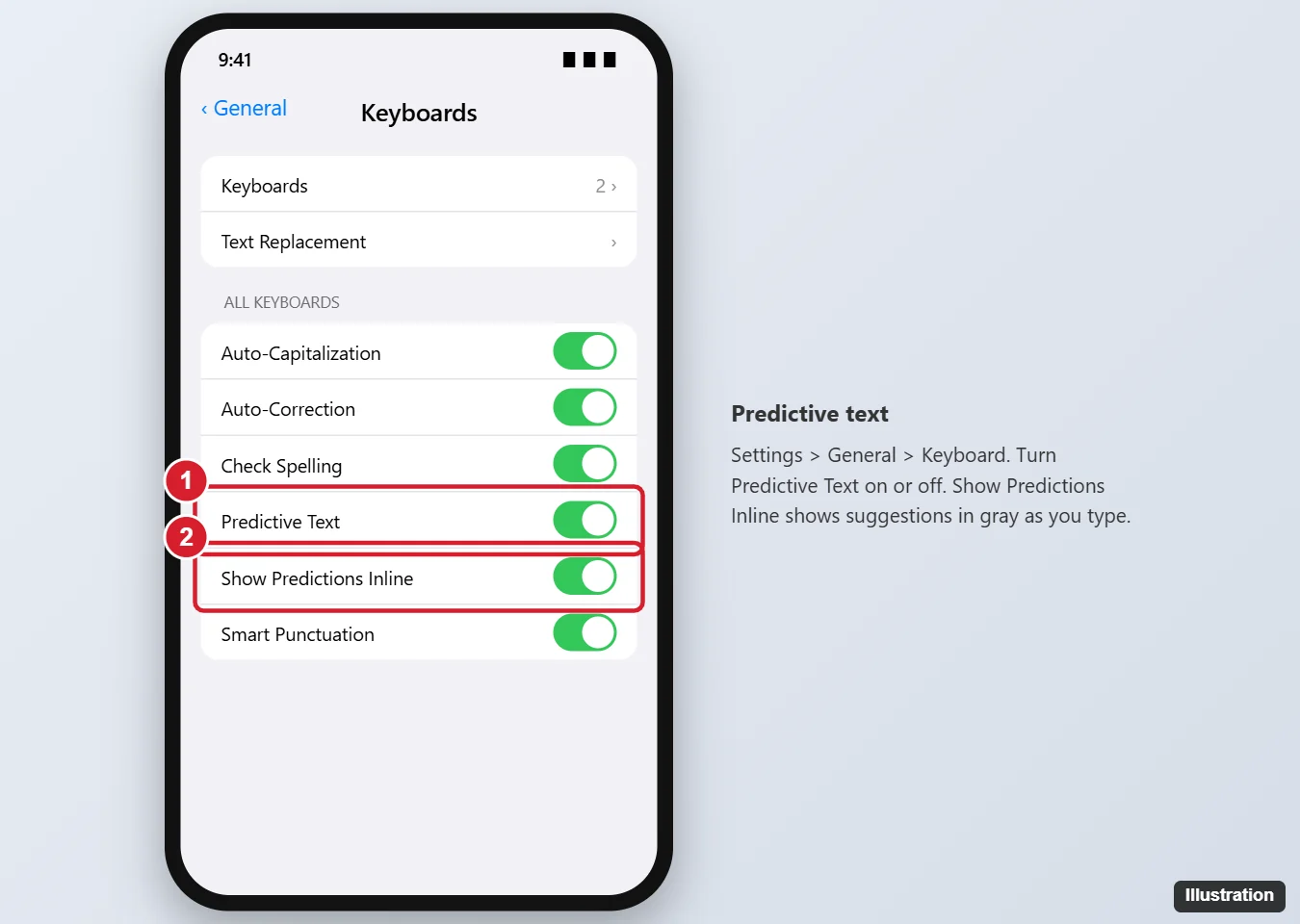 How to Enable or Disable Predictive Text on iPhone SE 1 iPhone Keyboard settings with the Predictive and Show Predictions Inline switches highlighted