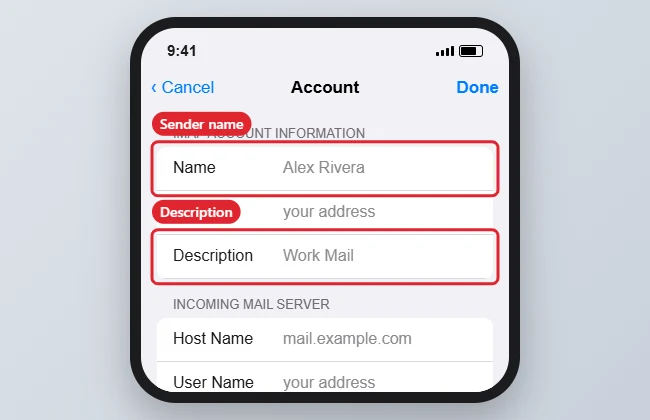 How to Change an Email Account Name on iPhone 1 iPhone mail account settings with the Name and Description fields for an email account