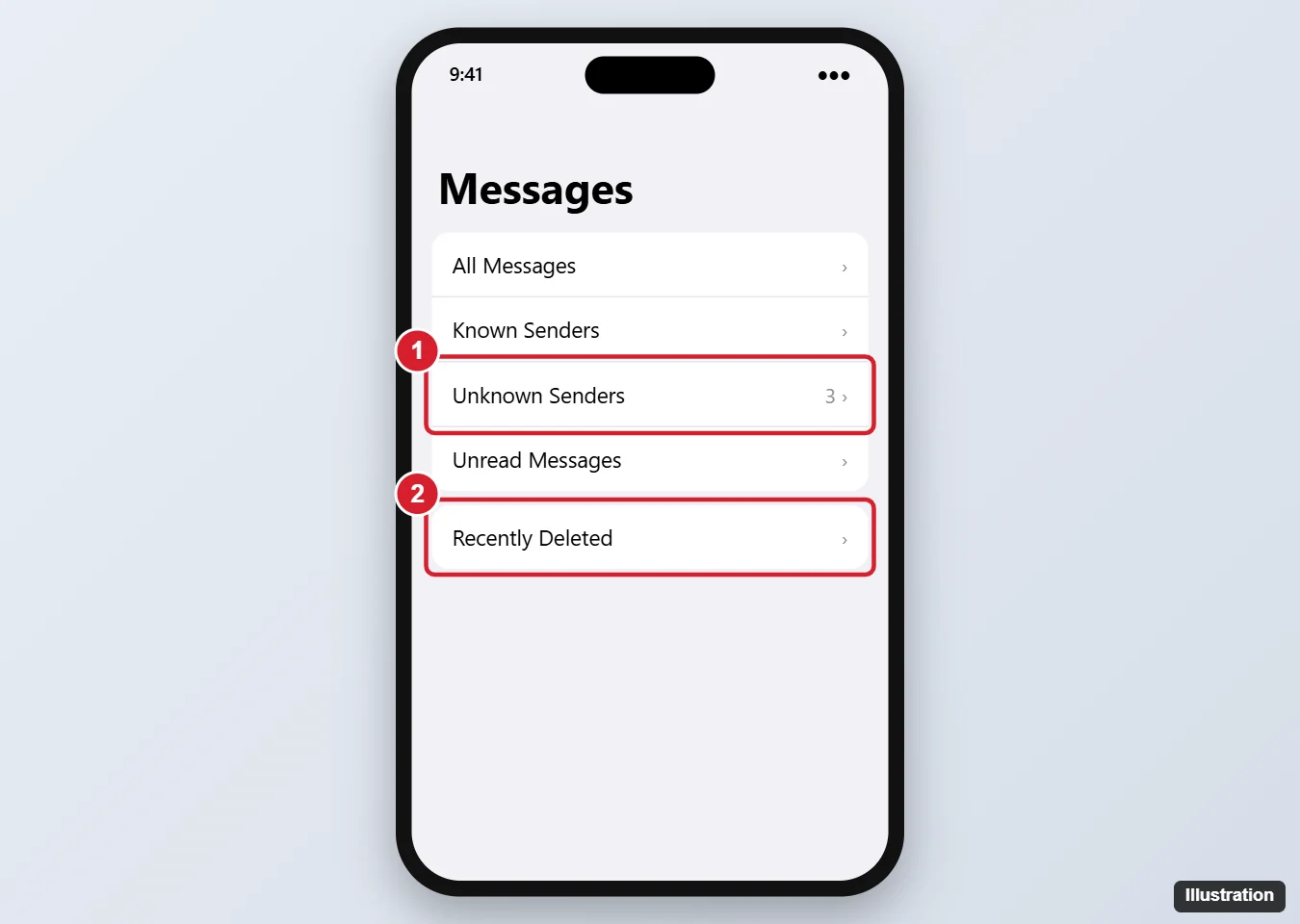 How to View Hidden Messages on iPhone 13 1 iPhone Messages Filters screen with Unknown Senders and Recently Deleted highlighted