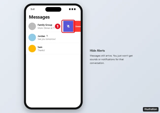 What Does Hide Alerts Mean on iPhone Messages? 1 iPhone Messages list with a conversation swiped left showing the purple Hide Alerts bell button, and a crossed-out bell next to a muted conversation